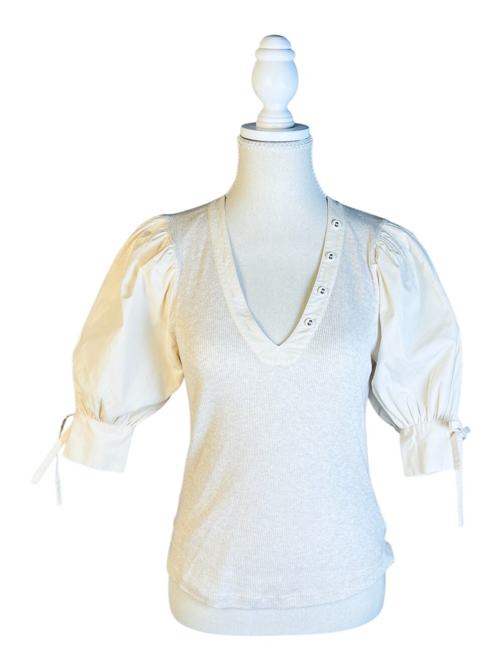 Ulla Johnson Pia Oatmeal Ribbed Cotton Poplin Puff Sleeve V-Neck Top Size P XS